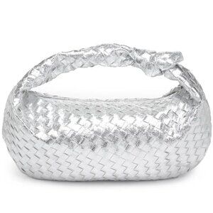 New Silver Vegan Leather Dollie Wide Woven Hobo Bag Knotted Strap, Chic Textured